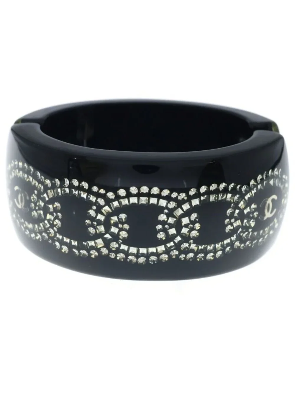 Chanel CC Logo Rhinestone Bangle Bracelet Black